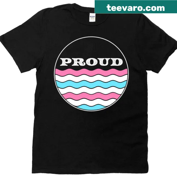Wavy stripe design with 'Proud' text in a circle for Trans pride