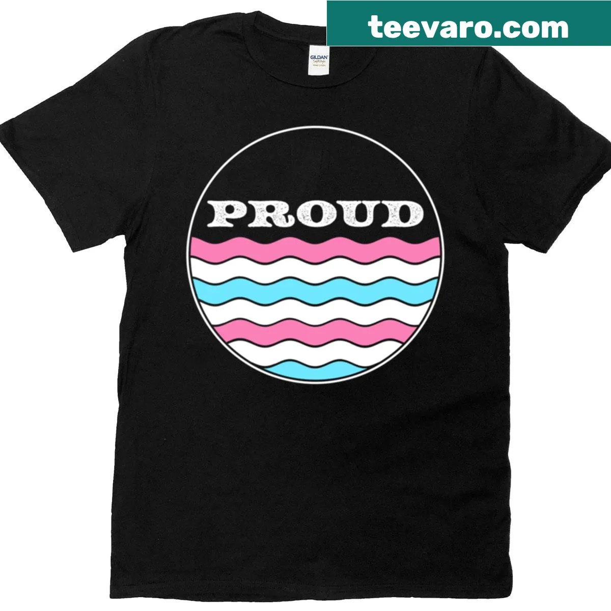 Wavy stripe design with 'Proud' text in a circle for Trans pride — on a men's t-shirt