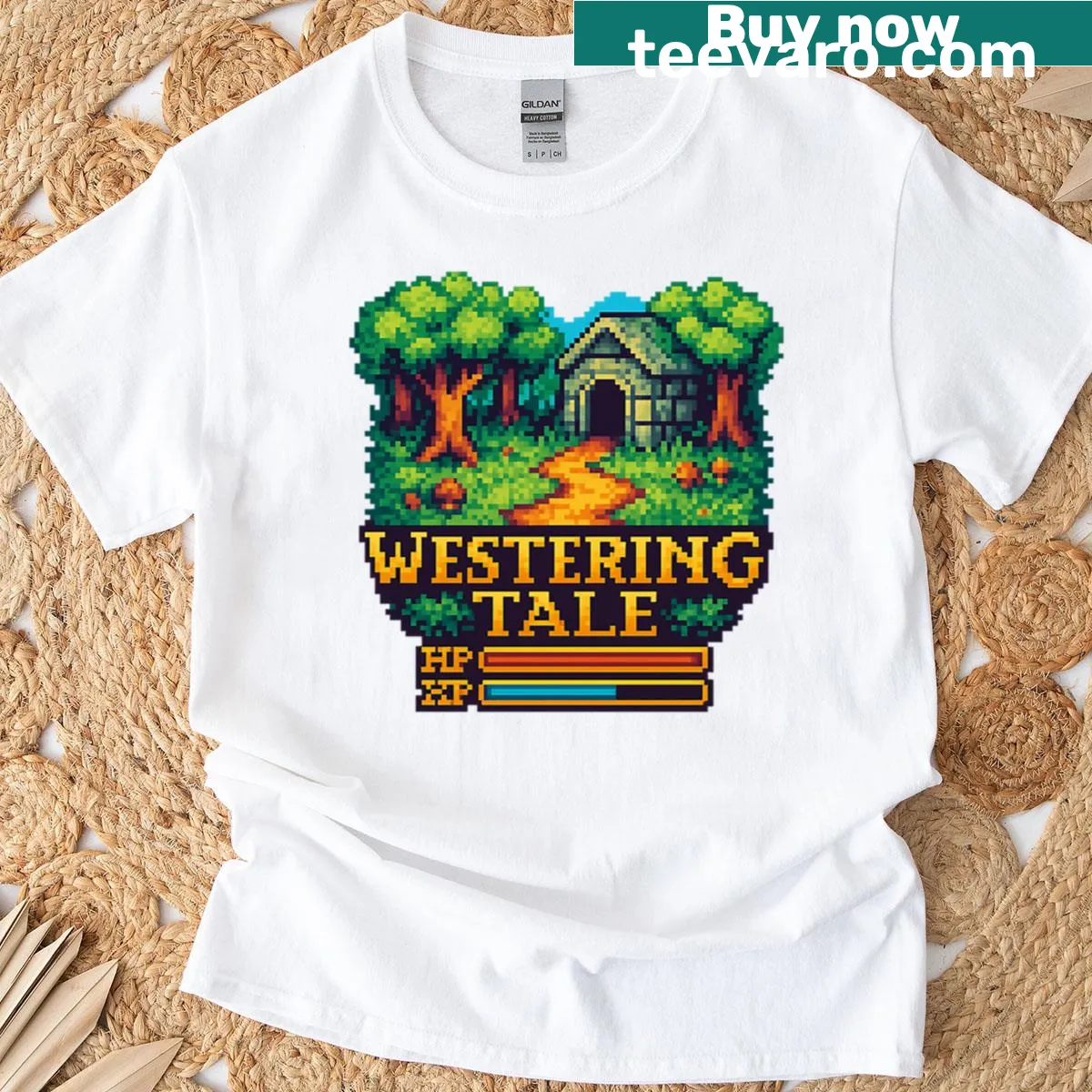 Retro pixel fantasy adventure graphic on a unique T-shirt. — on a men's t-shirt