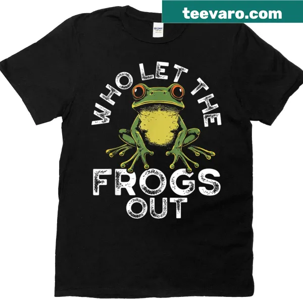 Funny T-shirt with cartoon frogs and text 'Who Let The Frogs Out'