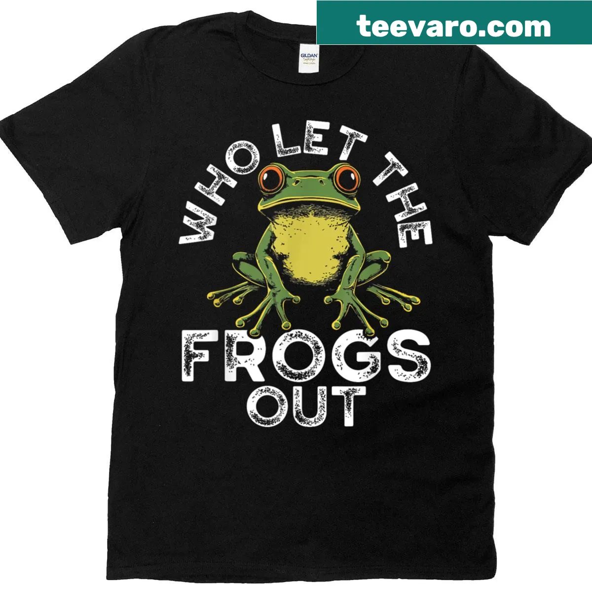 Funny T-shirt with cartoon frogs and text 'Who Let The Frogs Out' — on a men's t-shirt