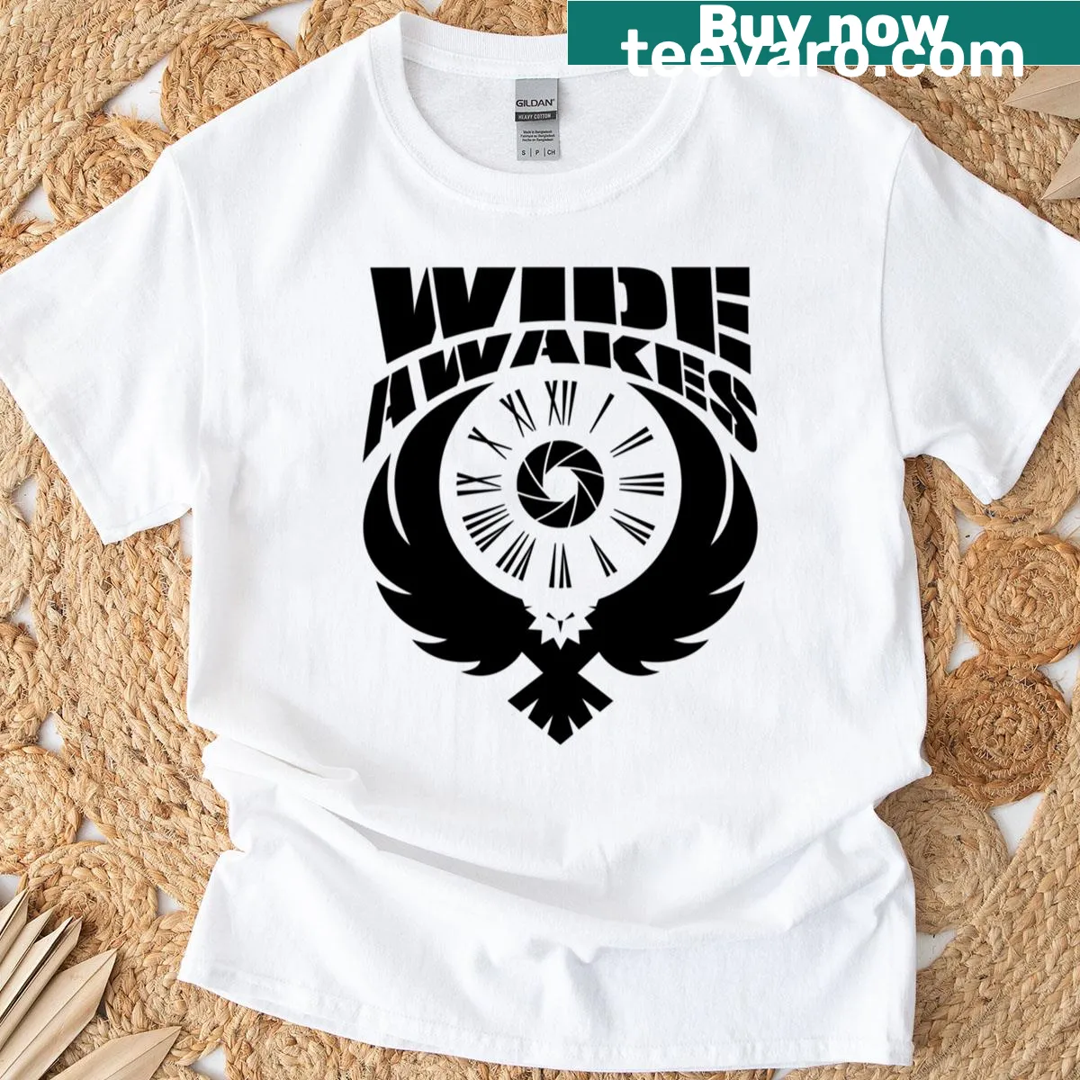 Bold typography tee with modern design saying 'Wide Awakes' — on a men's t-shirt