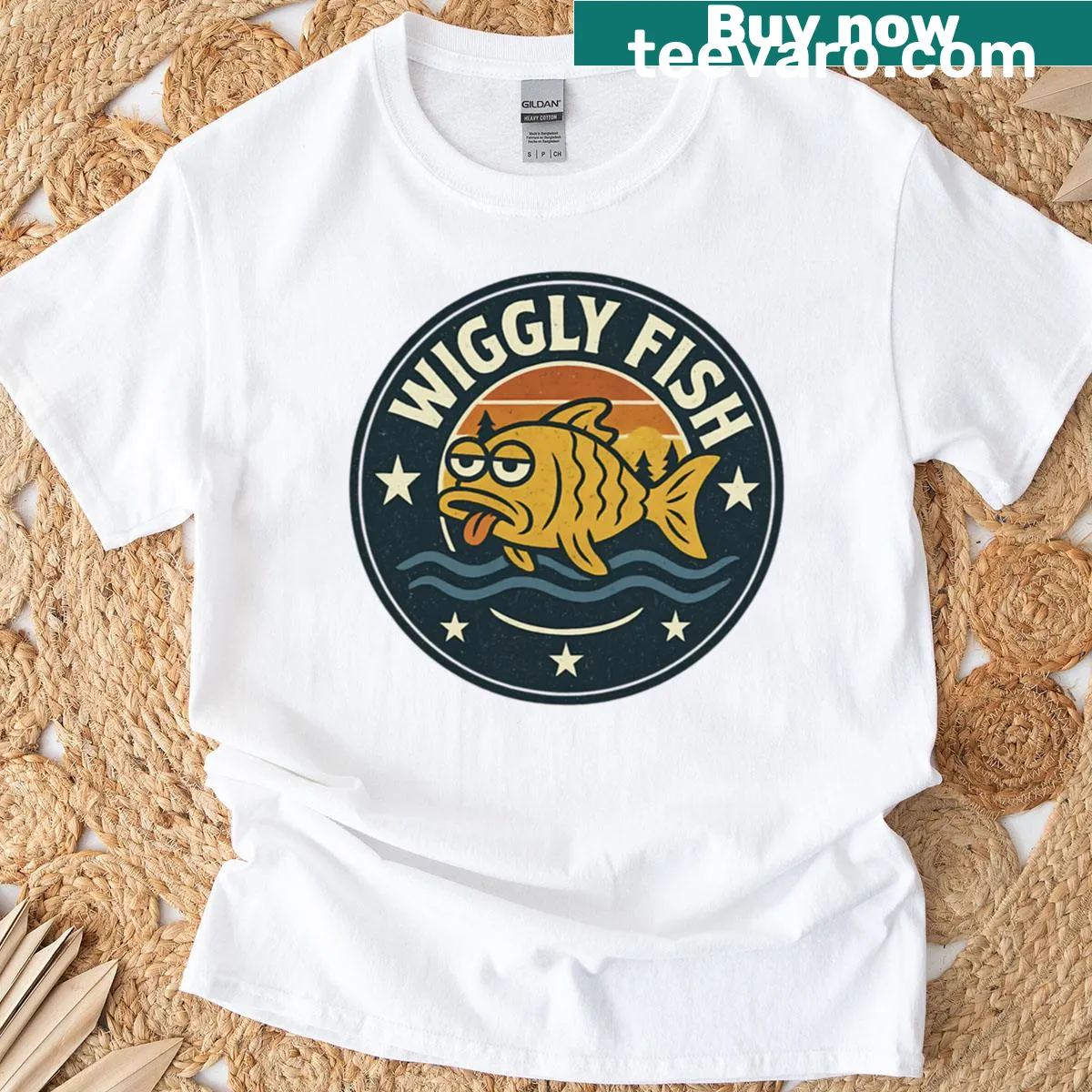 Cartoon T-shirt featuring a grumpy wiggly fish graphic — on a men's t-shirt
