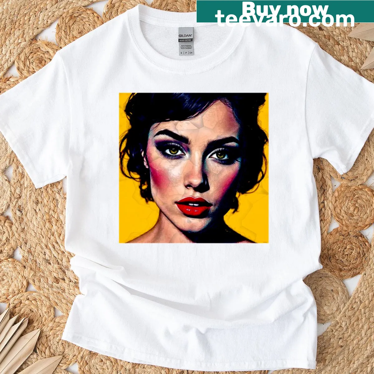 Pop art T-shirt featuring the word 'Woman' in bold hand-lettered style — on a men's t-shirt