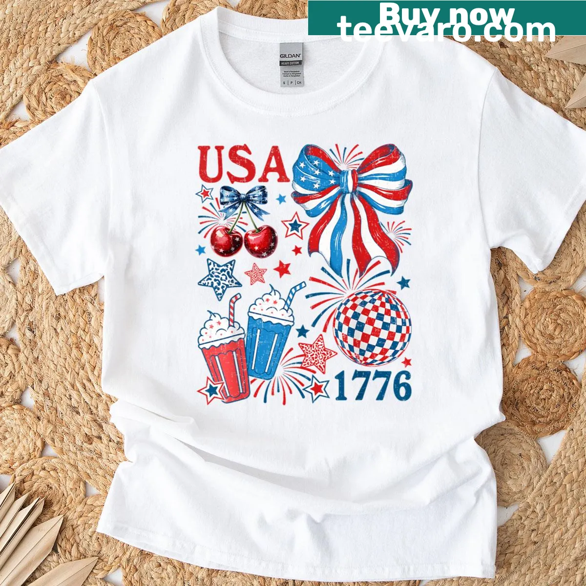 Patriotic T-shirt with coquette bow ribbon design — on a men's t-shirt