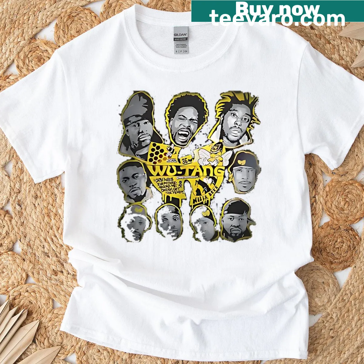 Stylish T-shirt featuring head artwork of Wu-tang Clan members — on a men's t-shirt