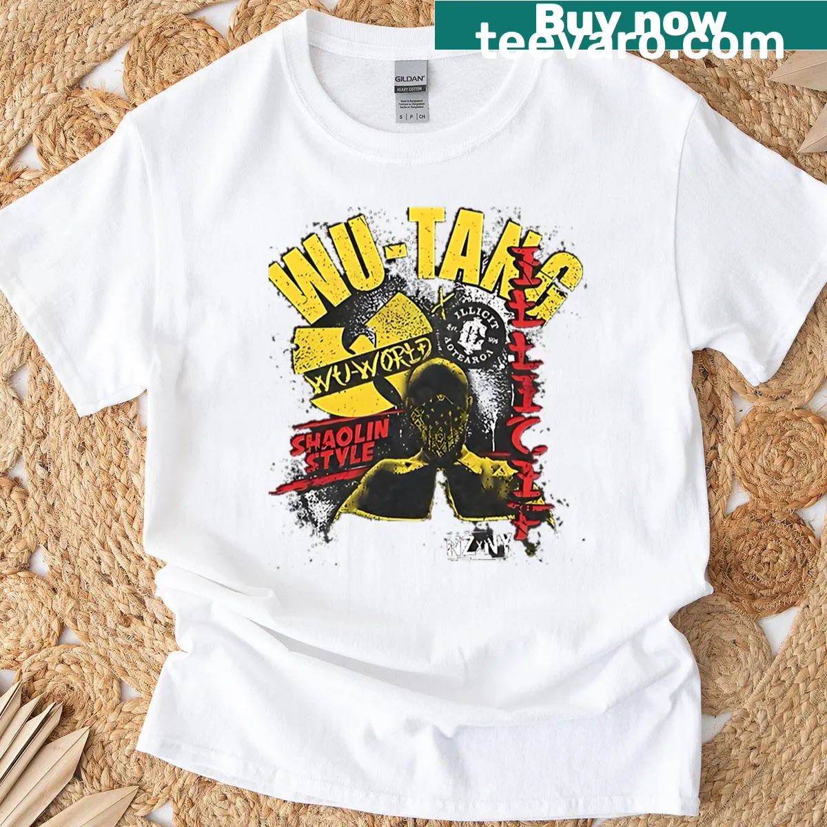 T-shirt featuring Wu-Tang Clan Shaolin style logos art — on a men's t-shirt
