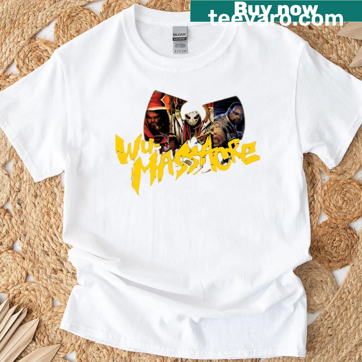 Bold T-shirt featuring Wu-tang Massacre logo with Meth, Ghost, and Rae — on a men's t-shirt