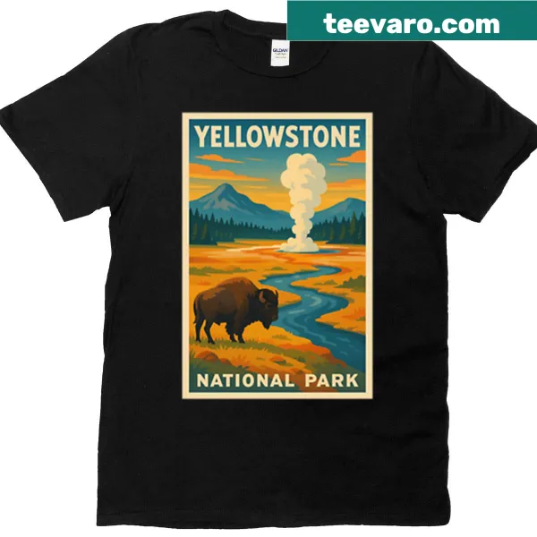 Retro T-shirt featuring a classic Yellowstone National Park poster design