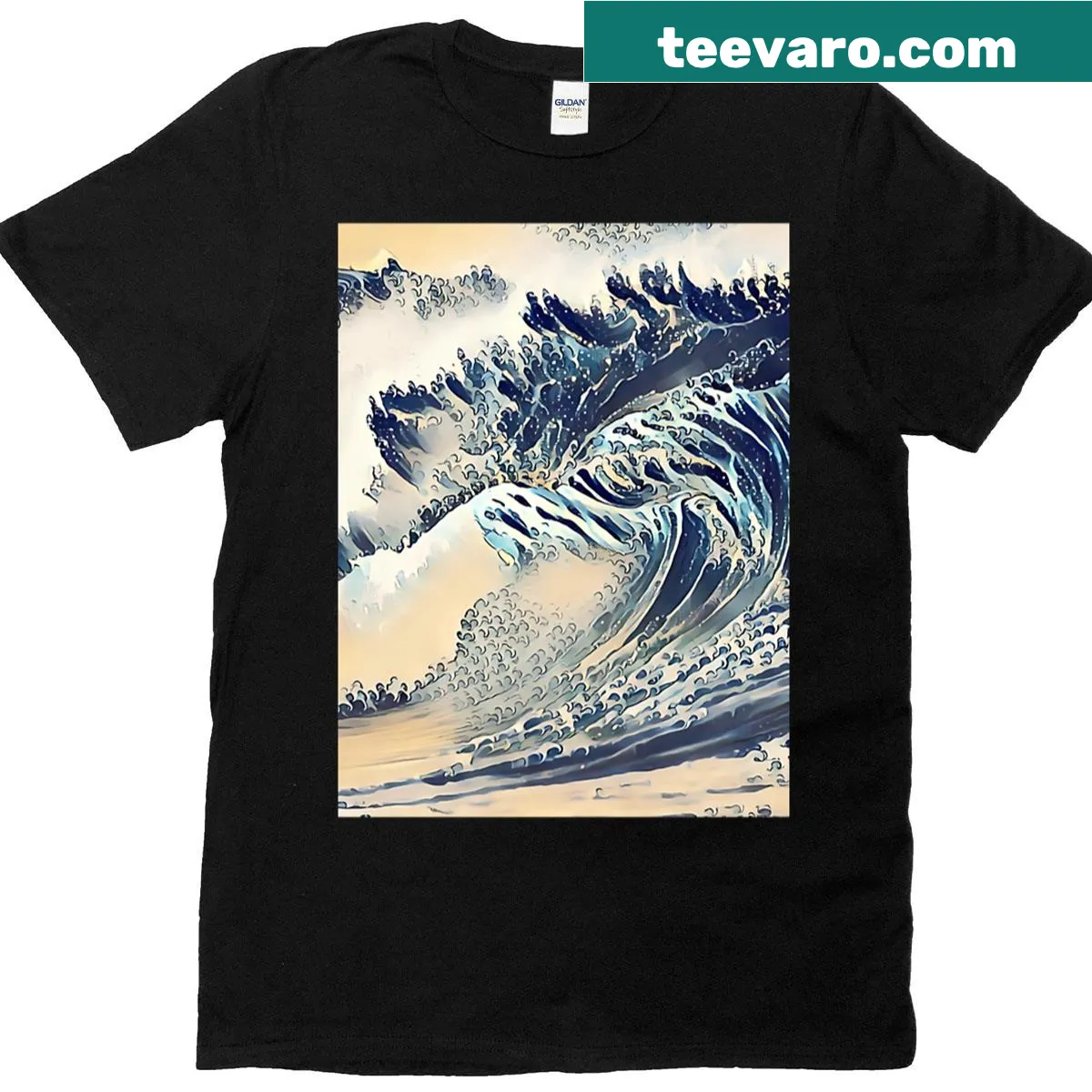 Stylized t-shirt featuring an epic ocean wave design — on a men's t-shirt