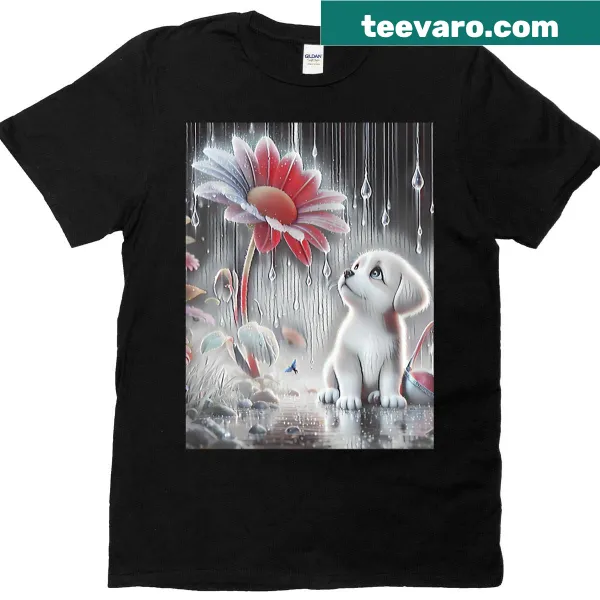Illustrated t-shirt featuring a sweet dog and garden charms