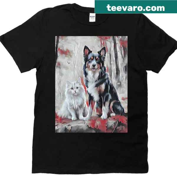 Illustrated t-shirt featuring a dog and cat in a floral setting