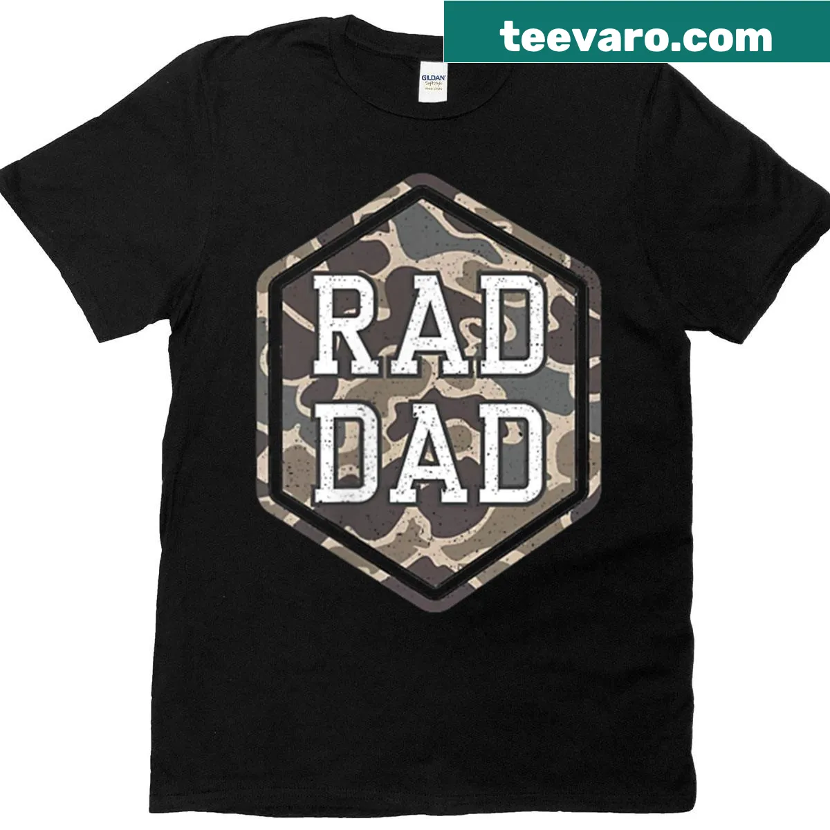 Retro camouflage t-shirt with 'Rad Dad' text — on a men's t-shirt