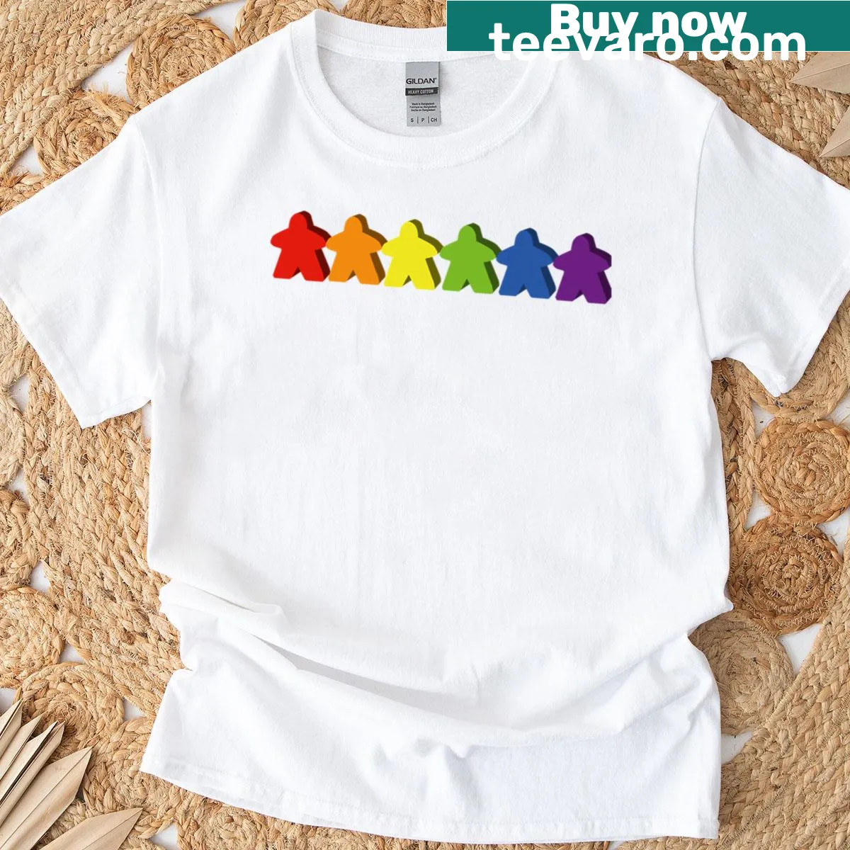 Playful T-shirt featuring a colorful 3D meeple design — on a men's t-shirt