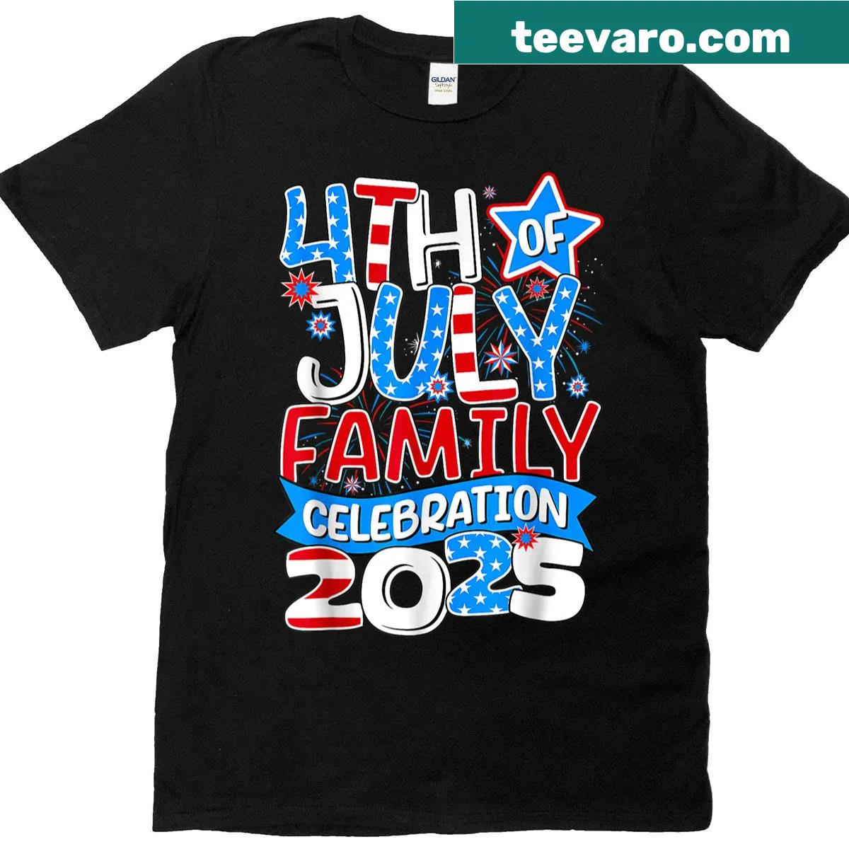 Illustrated family celebration t-shirt for Fourth of July — on a men's t-shirt
