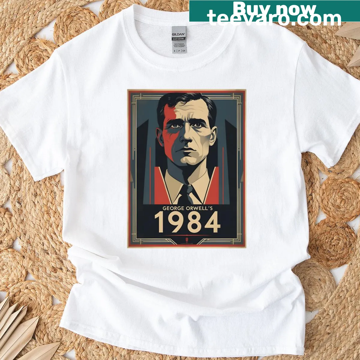 Vintage poster-inspired T-shirt featuring George Orwell's 1984 — on a men's t-shirt