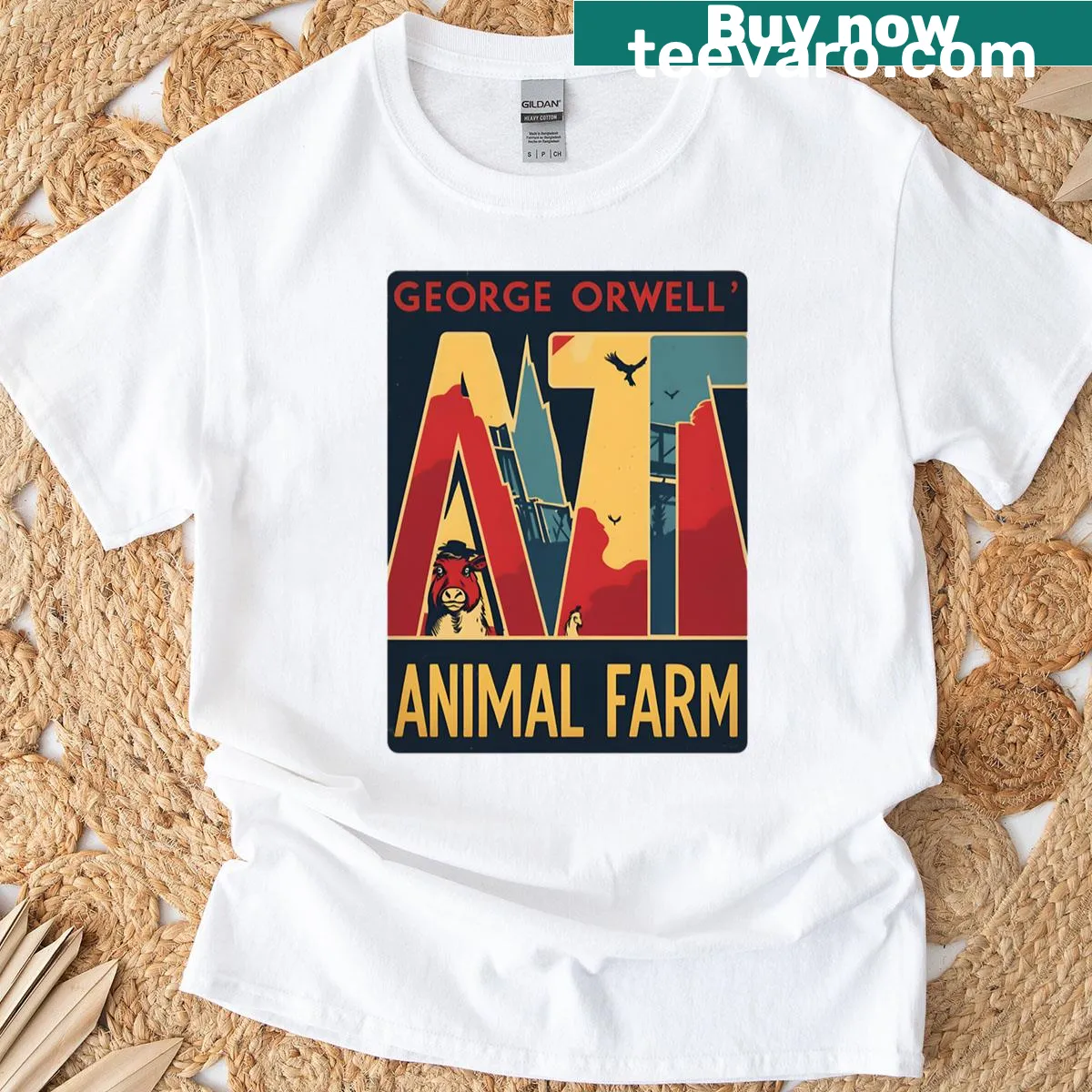 Vintage-style T-shirt featuring a graphic inspired by George Orwell's Animal Farm. — on a men's t-shirt