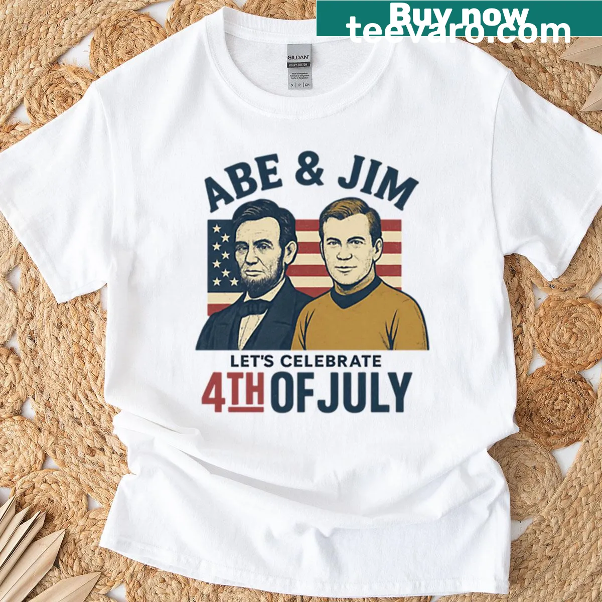 Illustrative design of Abe Jim celebrating the Fourth of July on a T-shirt — on a men's t-shirt