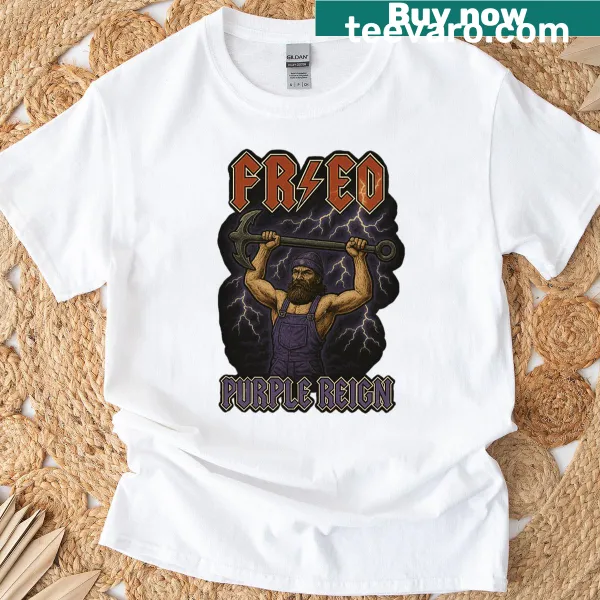 Mashup design of AC/DC and Freo Purple Reign podcast on a T-shirt