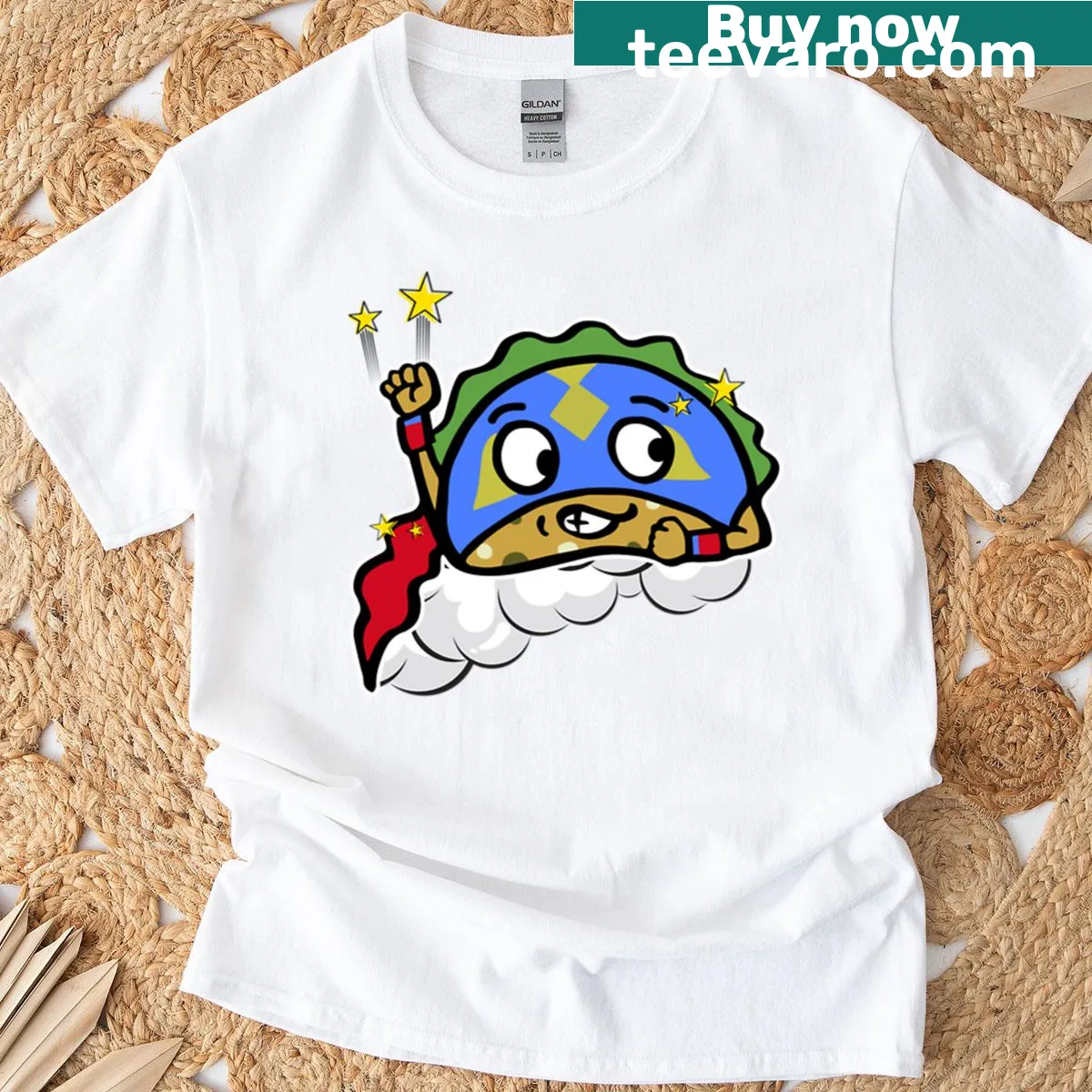 Illustrated luchador with taco mask on a shirt — on a men's t-shirt