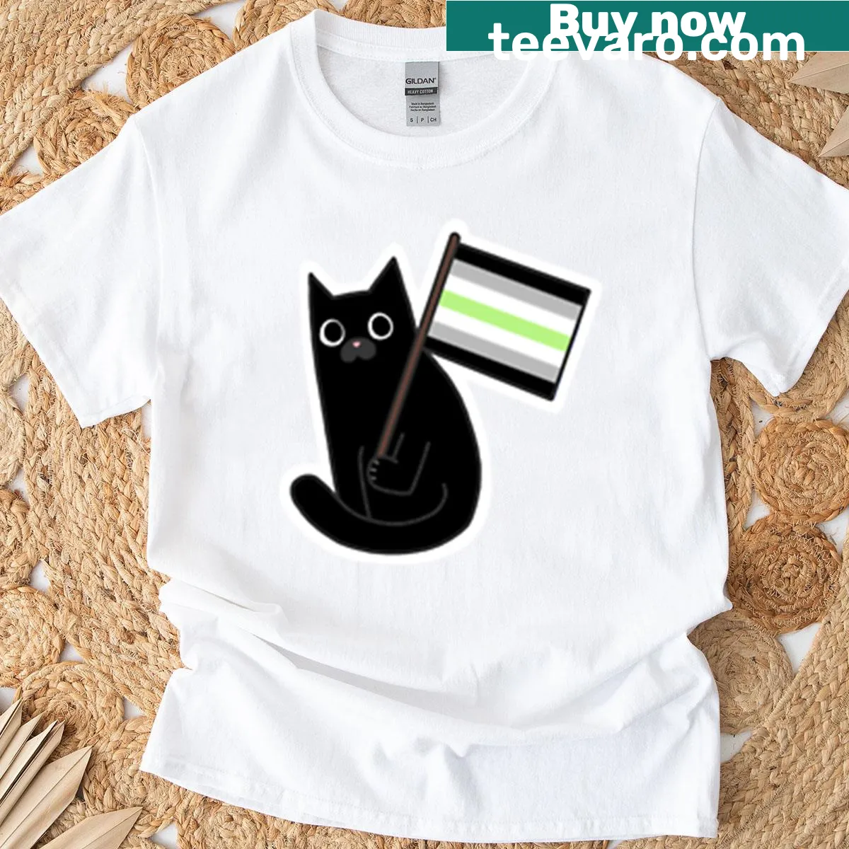 Black cat design with agender pride flag sticker elements — on a men's t-shirt
