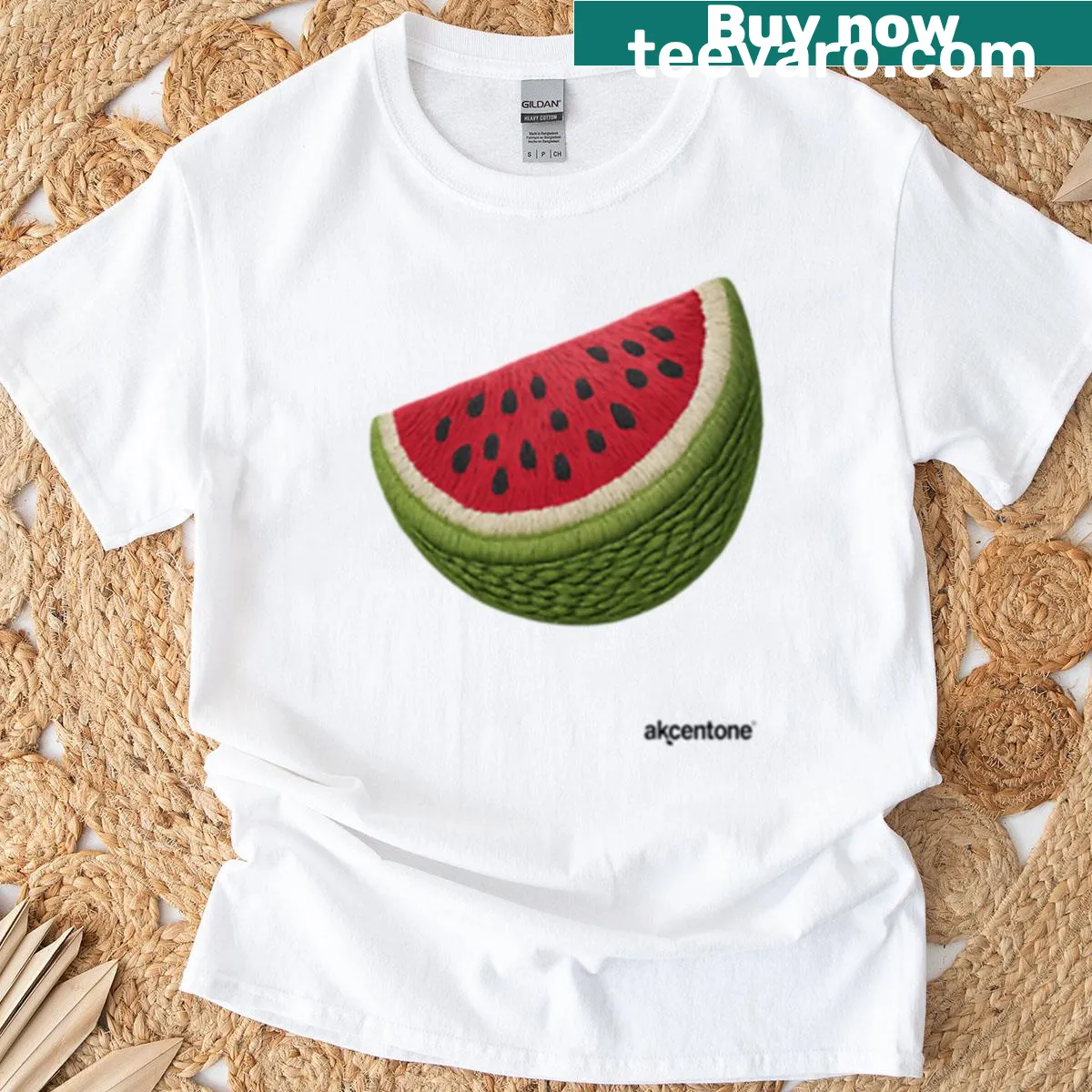 Cartoon graphic of a cute stitched watermelon character — on a men's t-shirt