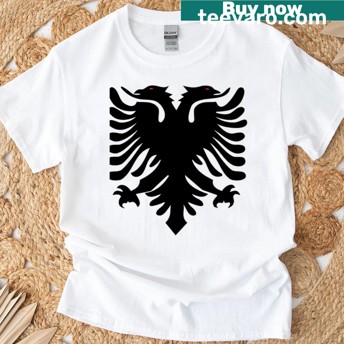 Bold text graphic featuring the name Albania — on a men's t-shirt
