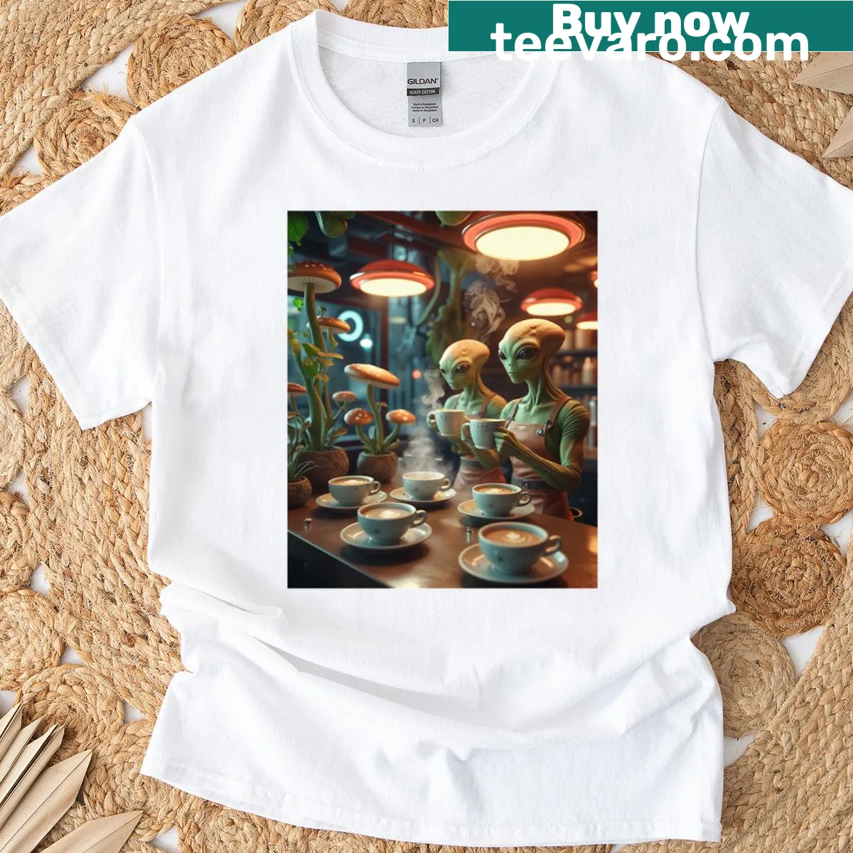 Whimsical alien barista preparing coffee in outer space setting — on a men's t-shirt