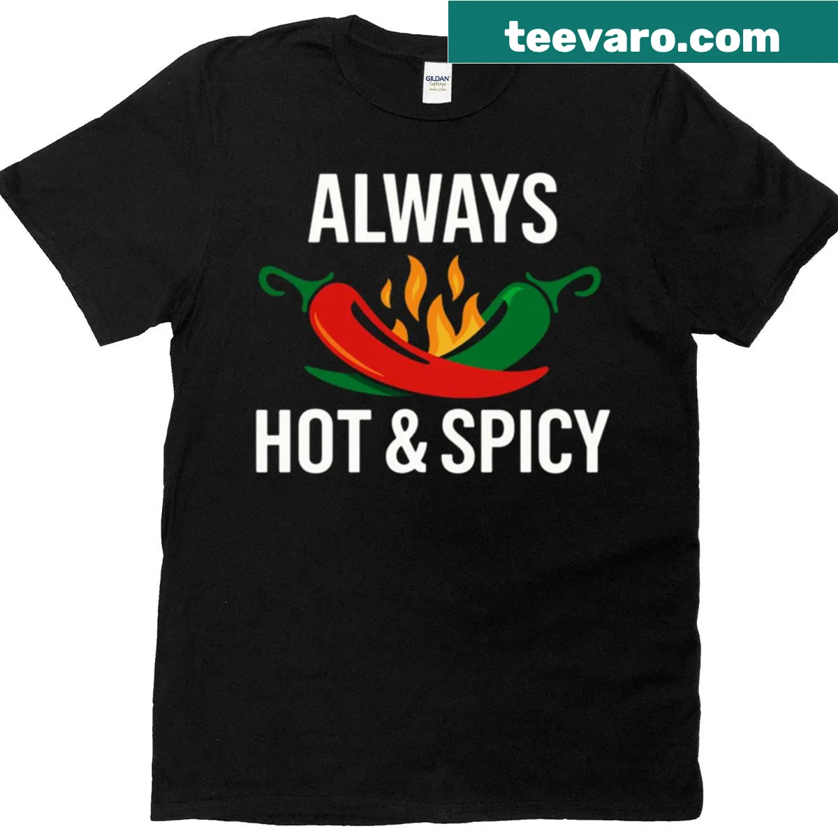 Funny T-shirt with a cartoon chili pepper and the text 'Always Hot And Spicy' — on a men's t-shirt
