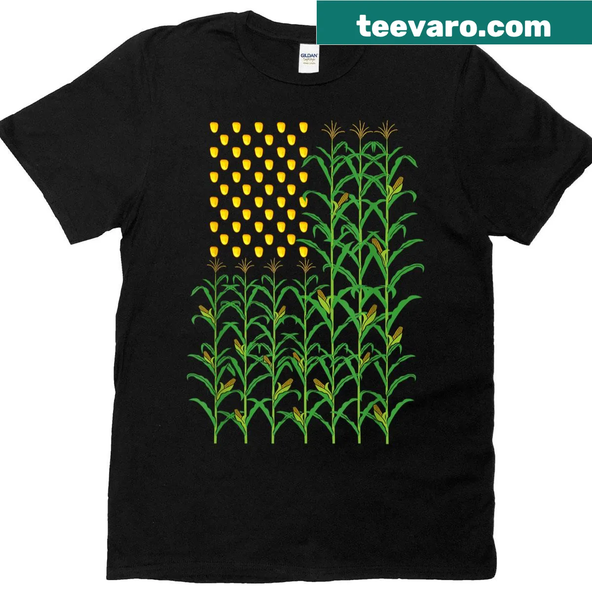 Patriotic t-shirt featuring American flag and farming imagery — on a men's t-shirt
