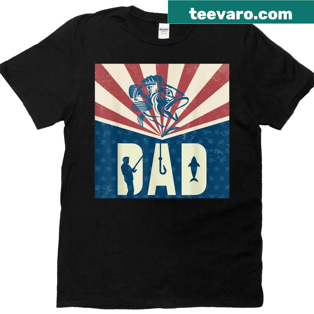 Patriotic t-shirt with American flag and fishing graphics — on a men's t-shirt