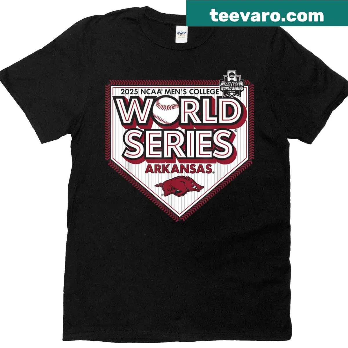 Arkansas Razorbacks College World Series baseball t-shirt with team logo — on a men's t-shirt