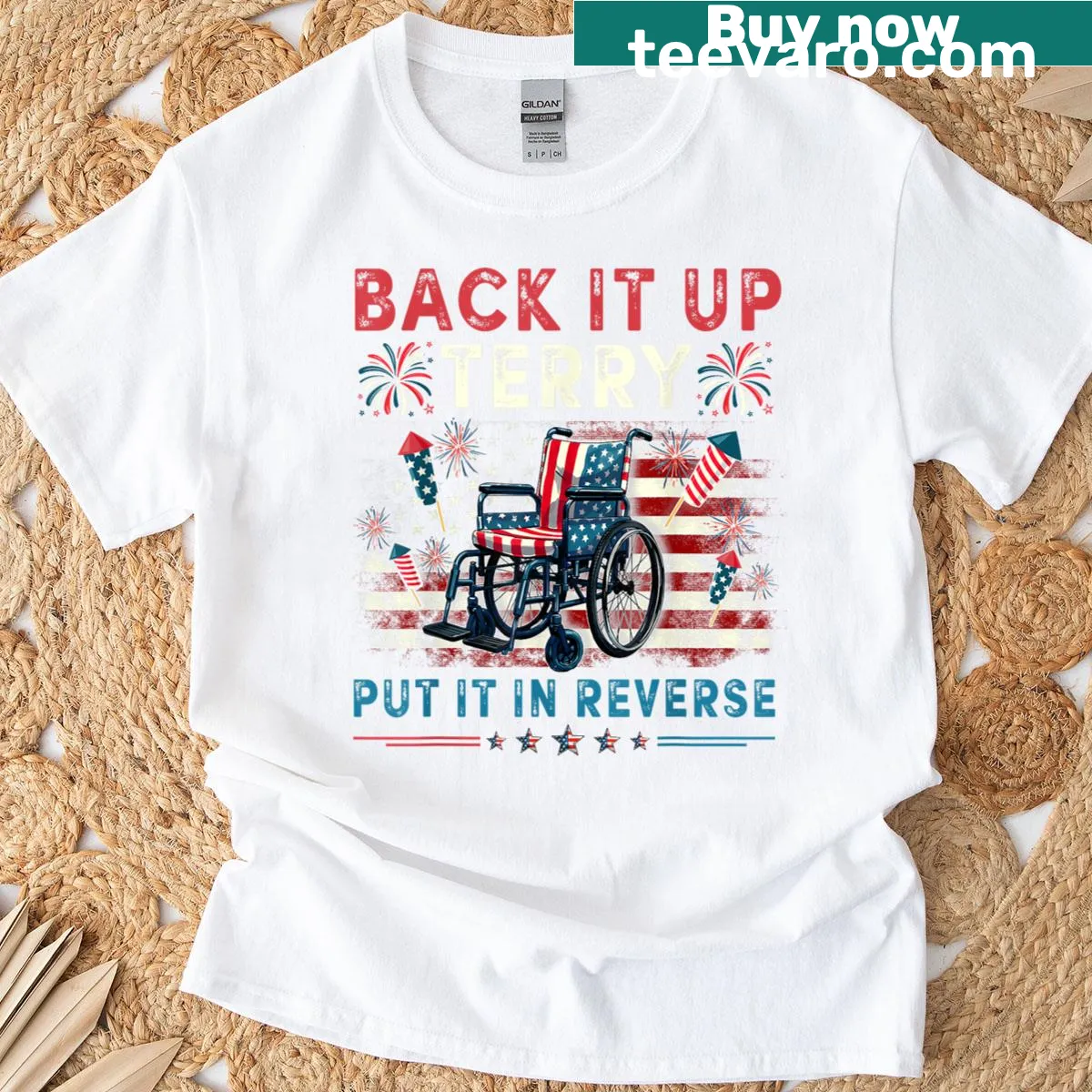 Funny Fourth of July T-shirt with fireworks and humorous text graphic. — on a men's t-shirt