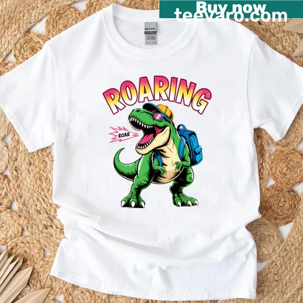 Cute cartoon dinosaur graphic with a playful roar