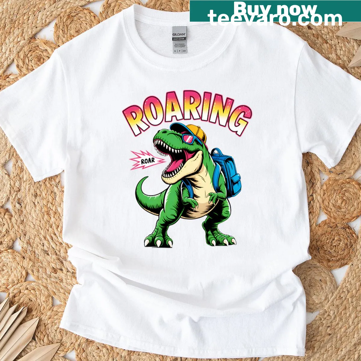 Cute cartoon dinosaur graphic with a playful roar — on a men's t-shirt