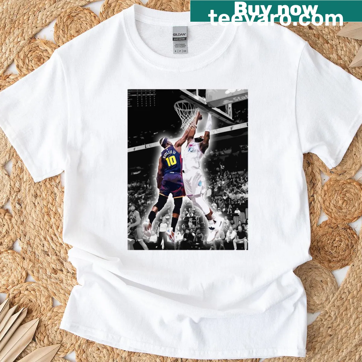 T-shirt featuring Bam Adebayo and Jimmy Butler names in a competitive design — on a men's t-shirt