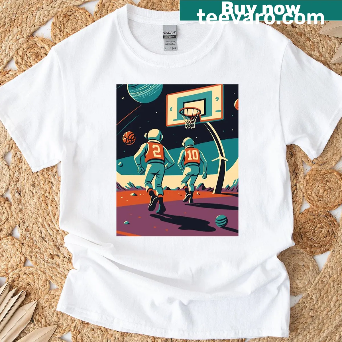 Whimsical basketball graphic in space T-shirt — on a men's t-shirt
