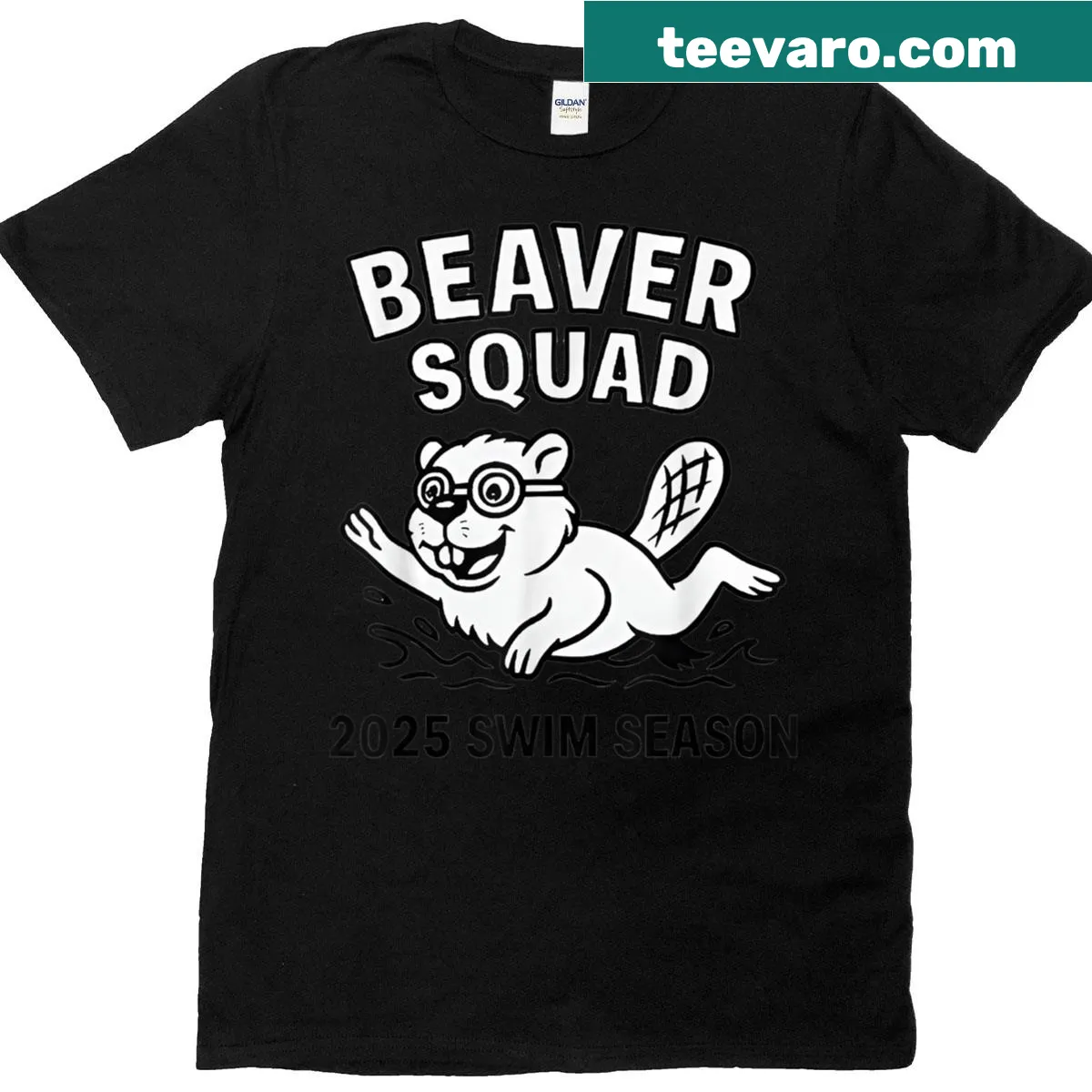 Funny swimming T-shirt with Beaver Squad design — on a men's t-shirt