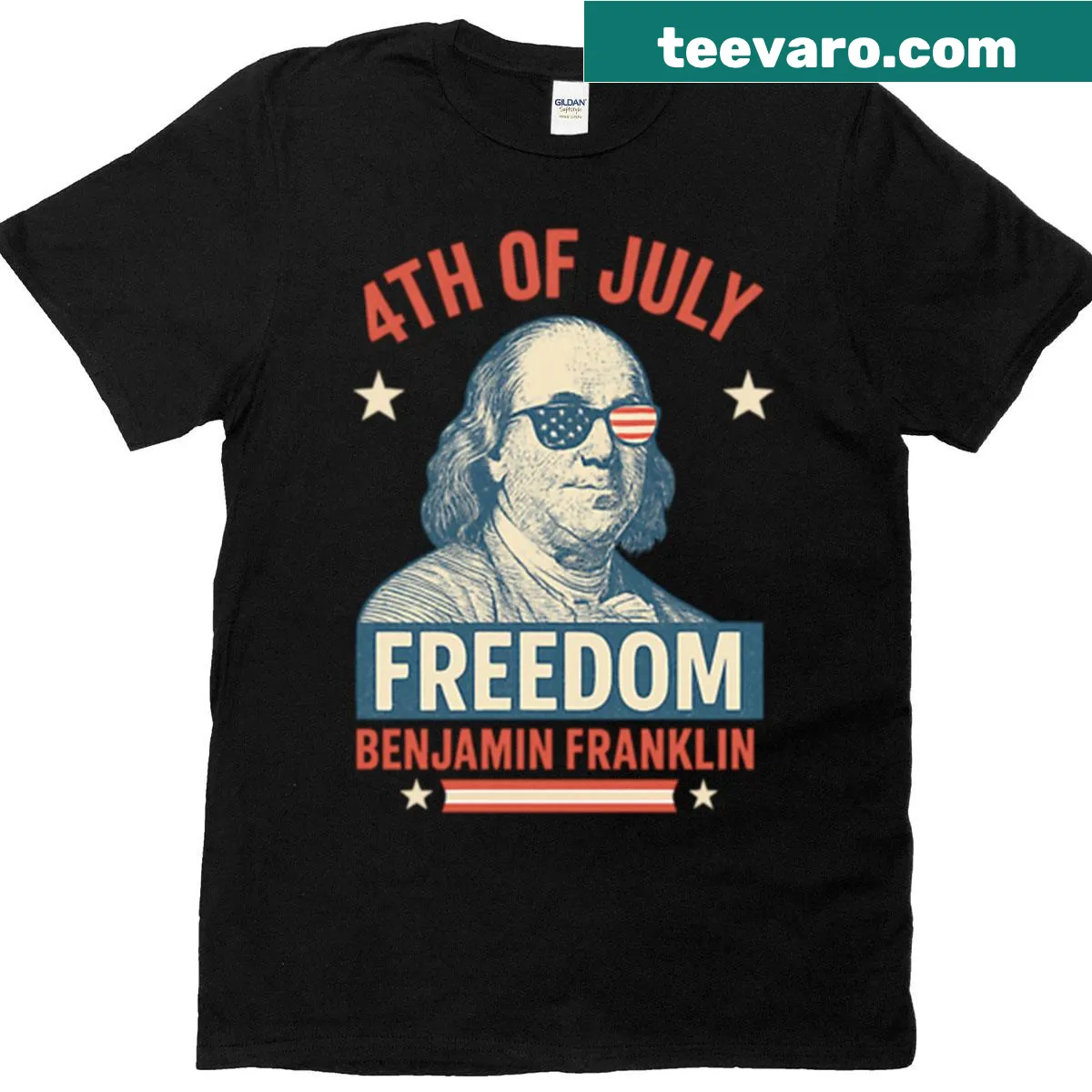 T-shirt with bold typography stating 'Freedom Never Goes Out Of Style' inspired by Ben Franklin. — on a men's t-shirt