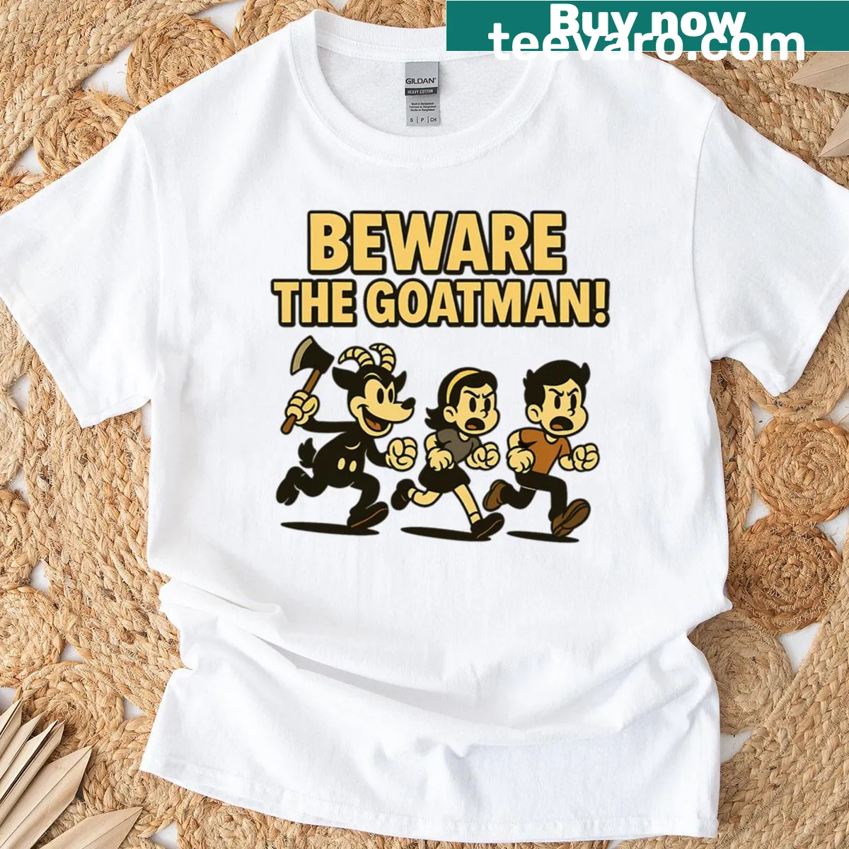 Spooky graphic T-shirt warning Beware The Goatman — on a men's t-shirt