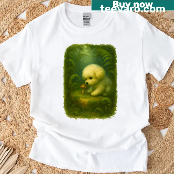 Enchanting T-shirt featuring a Bichon Frise in a mystical forest