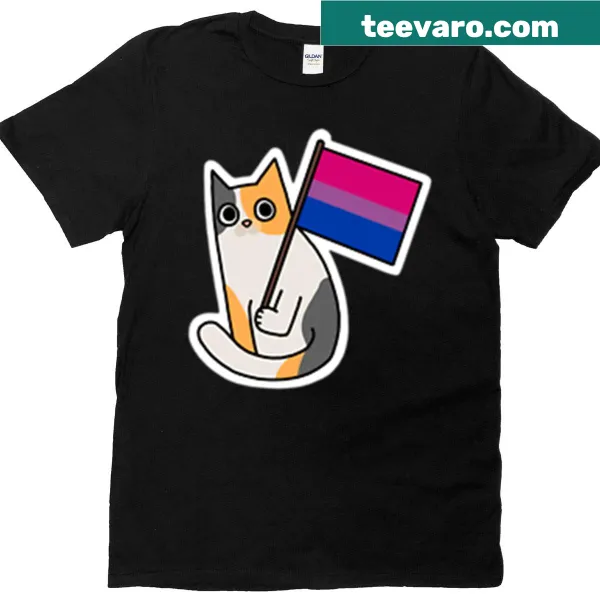 Calico cat with bisexual pride flag sticker graphic on T-shirt