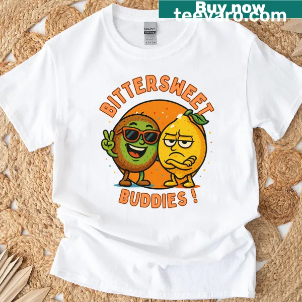 Cartoon T-shirt featuring quirky illustrations of fruits