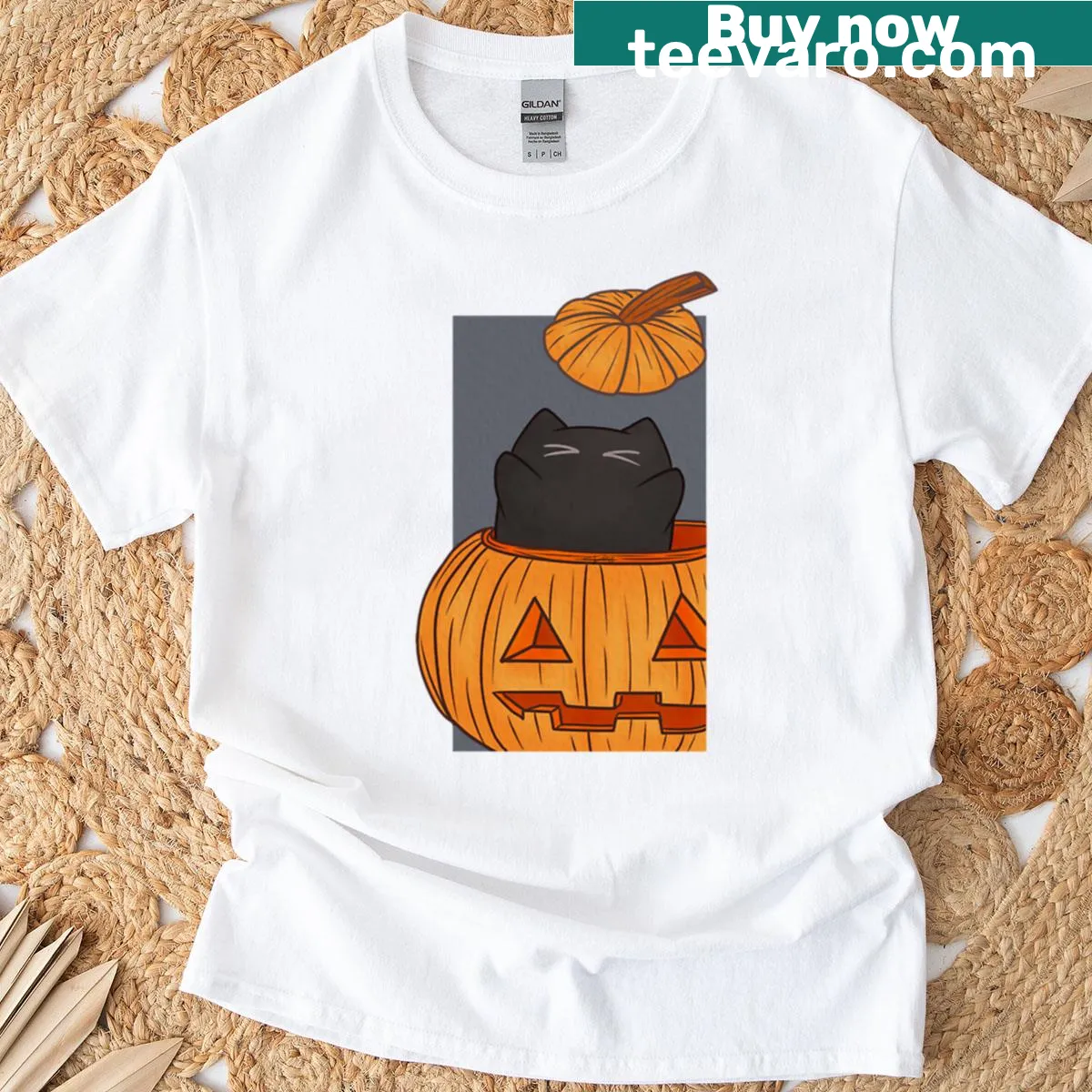 Illustration of a black cat inside a pumpkin for Halloween — on a men's t-shirt