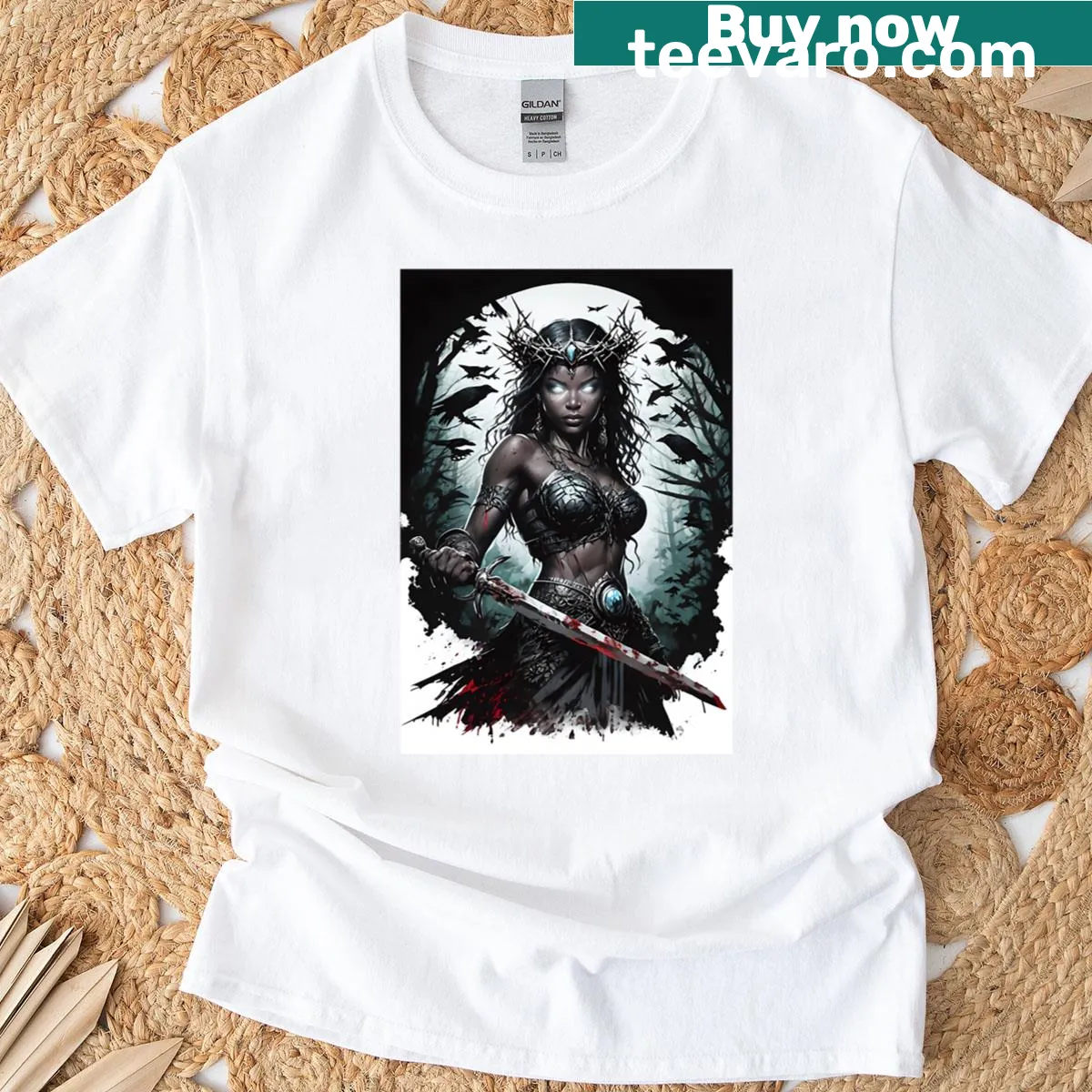 Regal figure silhouette against a blood moon graphic — on a men's t-shirt
