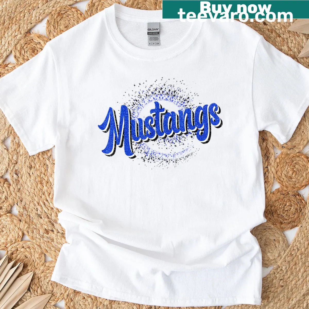 Blue Mustangs T-shirt with bold Mustang Pride text — on a men's t-shirt