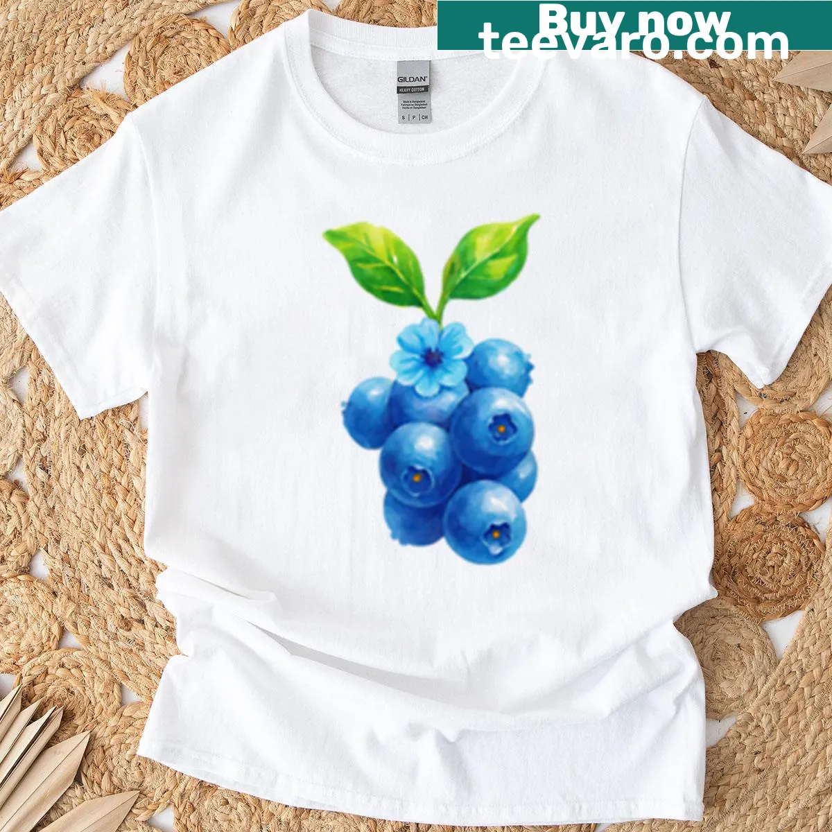 Watercolor illustration of blueberries with flowers and leaves — on a men's t-shirt