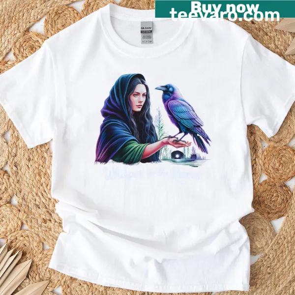Mystical woman with raven and runes graphic t-shirt.