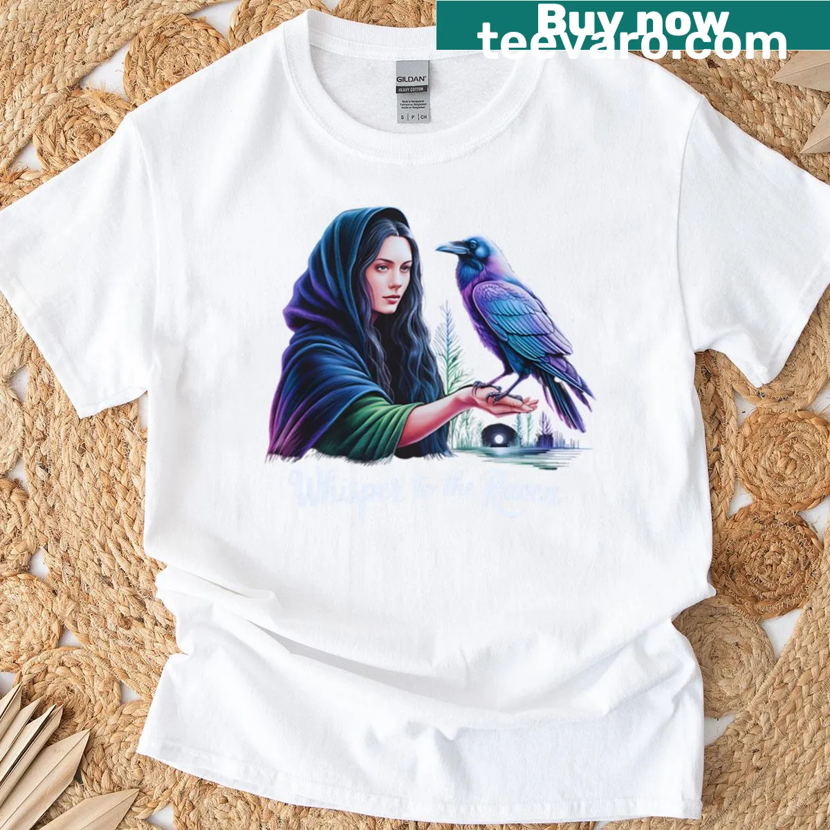 Mystical woman with raven and runes graphic t-shirt. — on a men's t-shirt