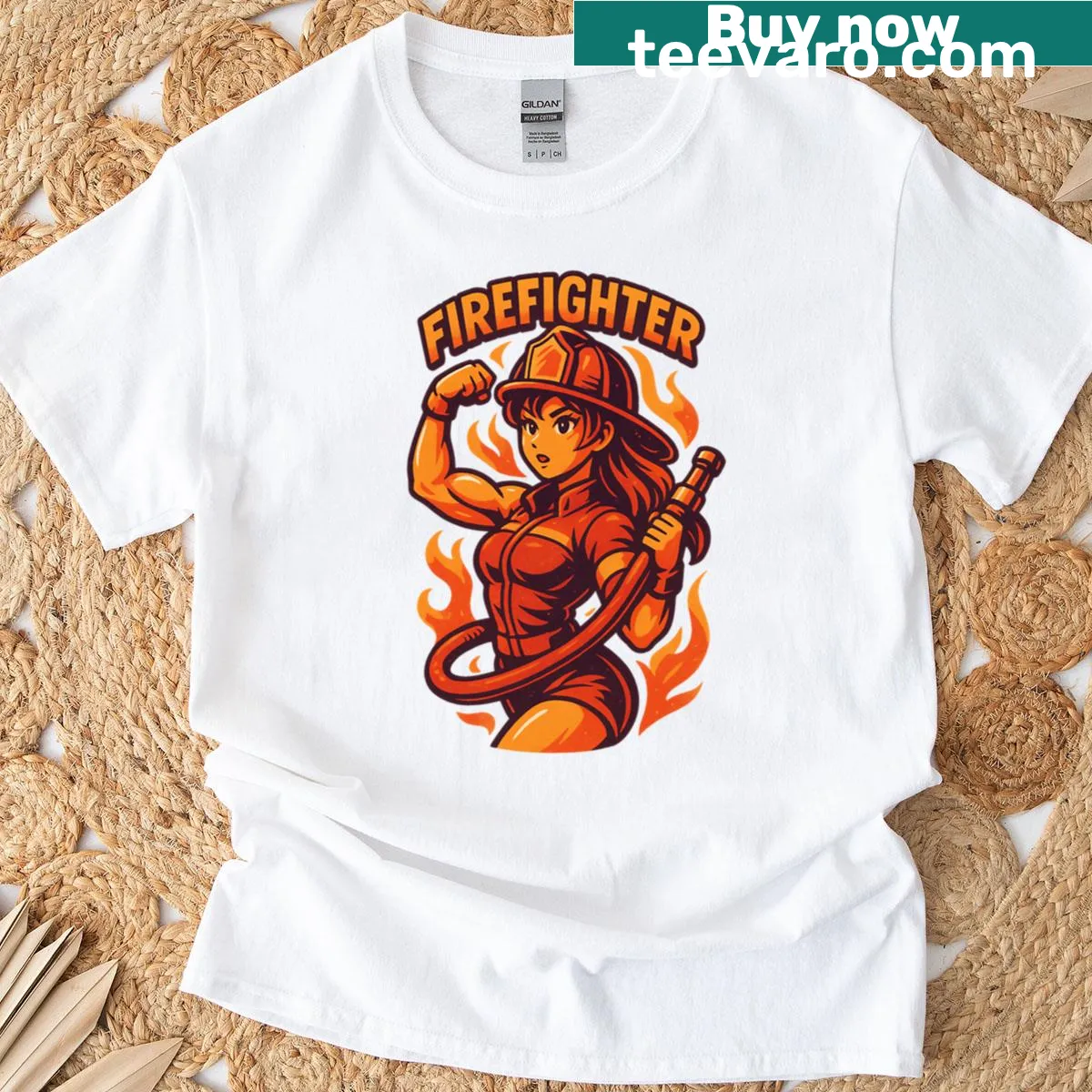 Retro firefighter t-shirt with strength-themed graphic. — on a men's t-shirt